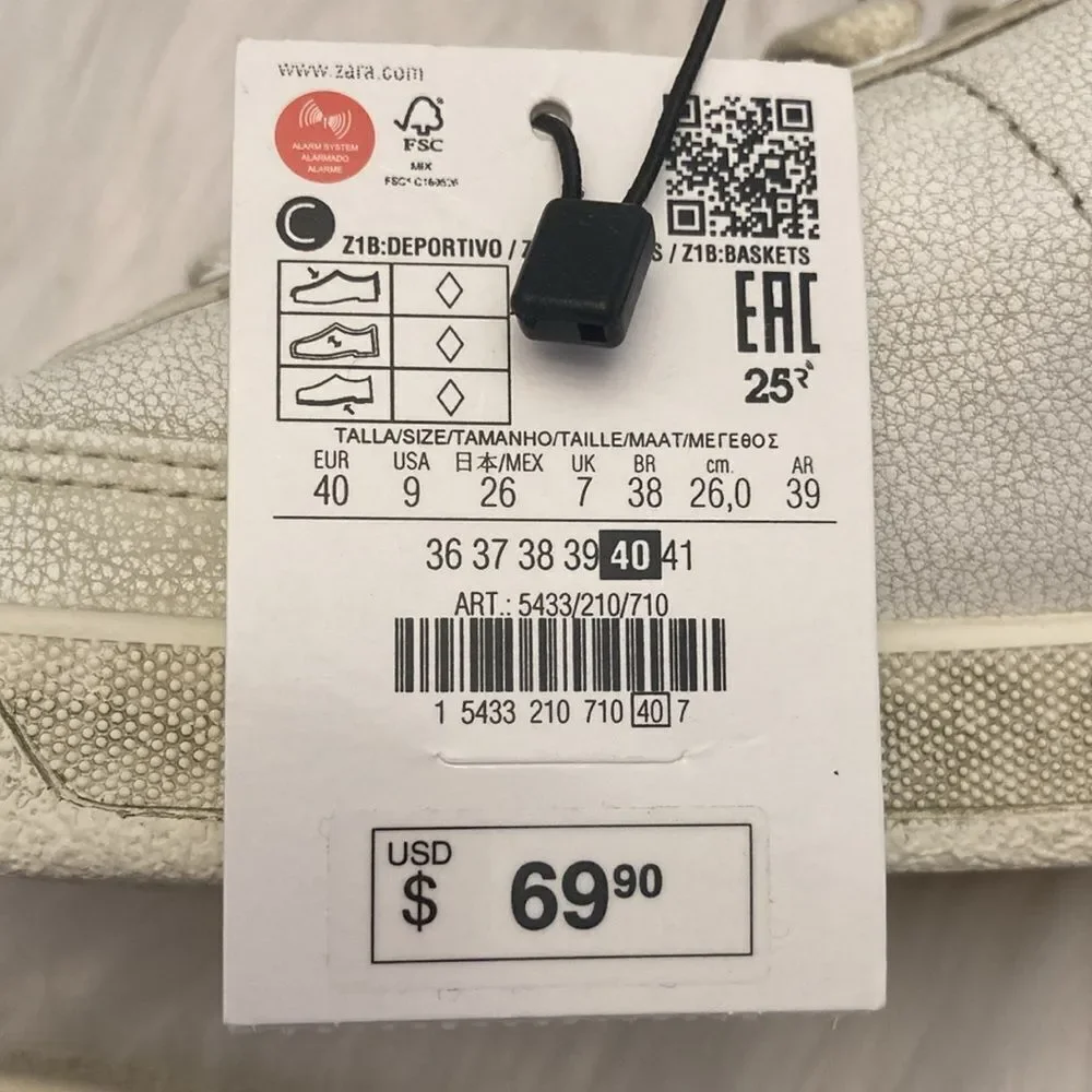 Zara Distressed Effect Off White Casual Sneakers Size 9